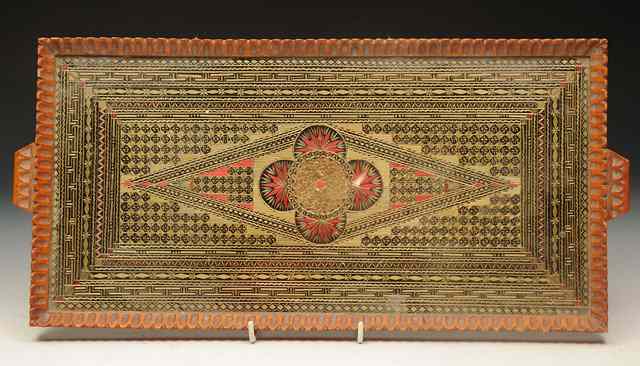 Appraisal: A PRISONER OF WAR STRAW WORK TRAY with painted and