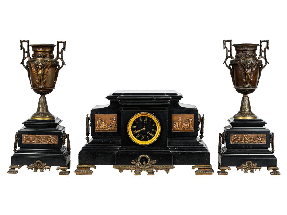 Appraisal: FRENCH BRONZE MARBLE THREE-PIECE CLOCK GARNITURECondition with multiple chips and