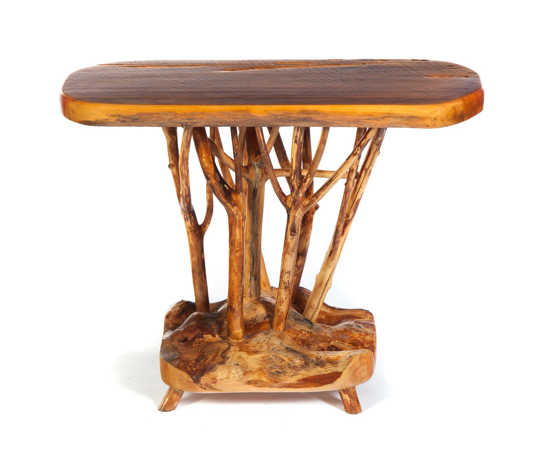 Appraisal: AMERICAN CONTEMPORARY RUSTIC SIDE TABLE Craftsman made table dated pine