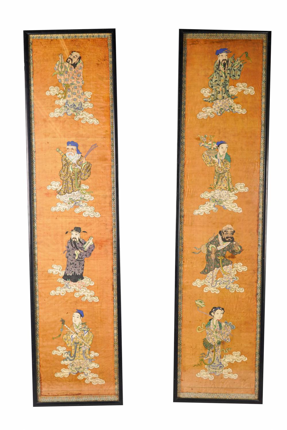 Appraisal: PAIR OF NARROW CHINESE EMBROIDERED PANELSincluding frame x inches Condition