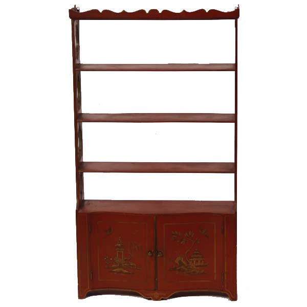 Appraisal: Chinese style red lacquer curio cabinet with shelves and gilt