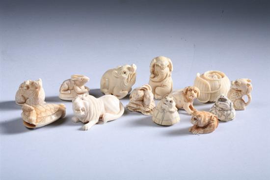 Appraisal: TWELVE JAPANESE IVORY NETSUKE OF ANIMALS th century Together with