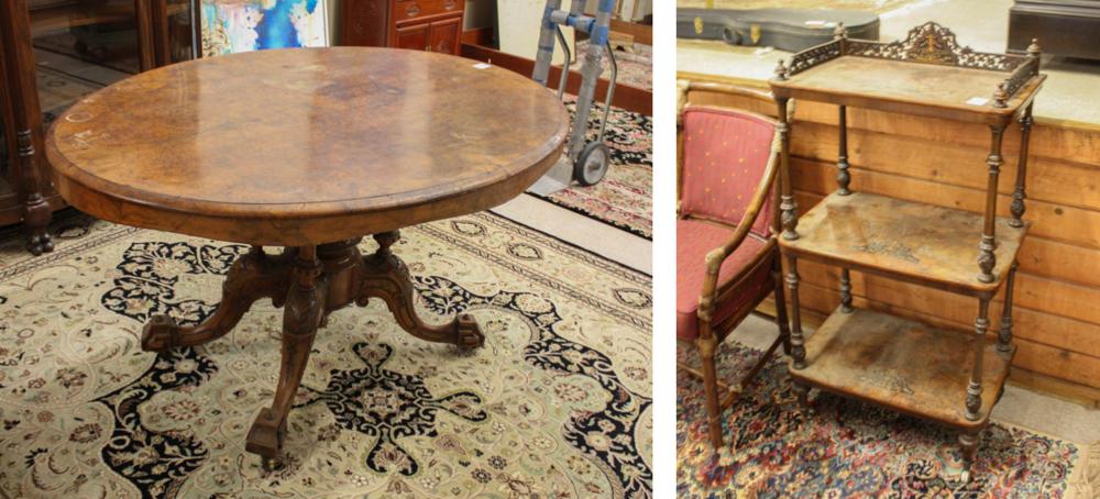 Appraisal: VICTORIAN BURL WALNUT LOO TABLE AND WHAT-NOT STAND English th