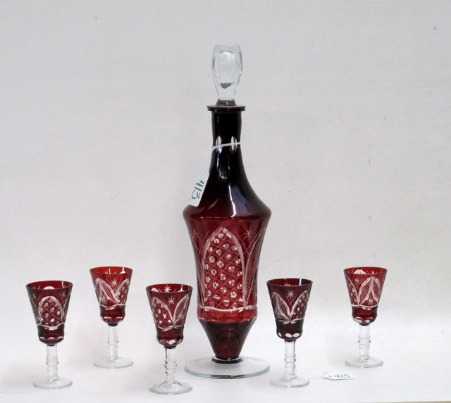 Appraisal: BOHEMIAN CRYSTAL DECANTER AND CORDIAL SET six pieces flashed ruby