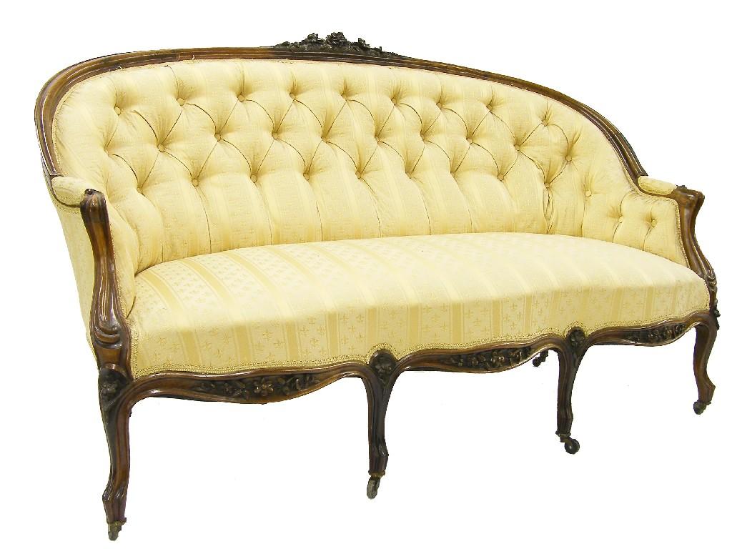 Appraisal: Good th century rosewood framed settee with damask striped button-back