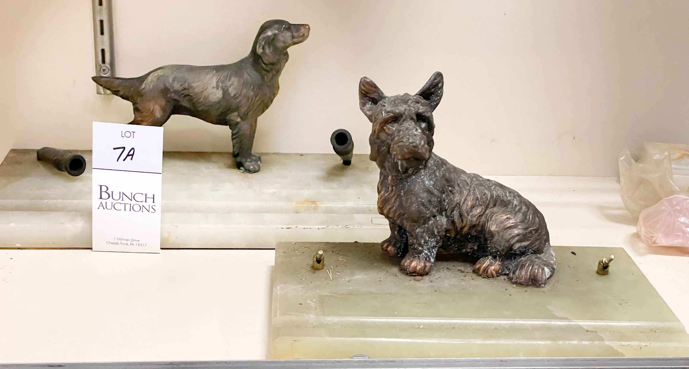 Appraisal: Marble pen trays with metal dogs c o scottie -