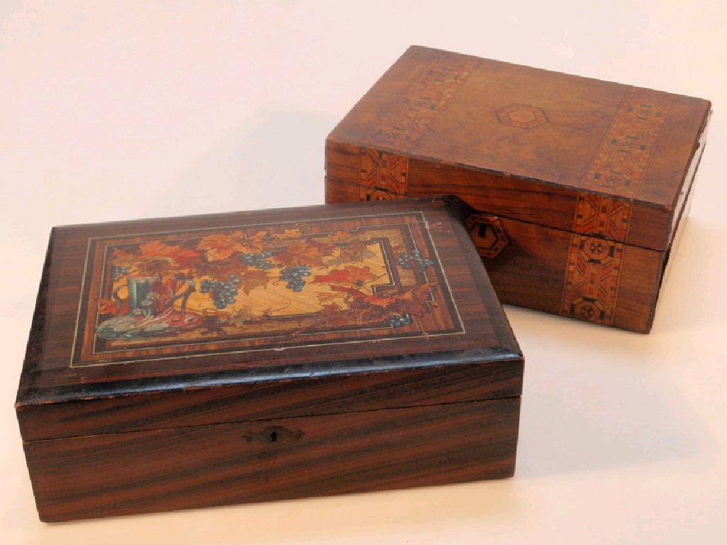 Appraisal: A thC walnut workbox with marquetry panels together with a