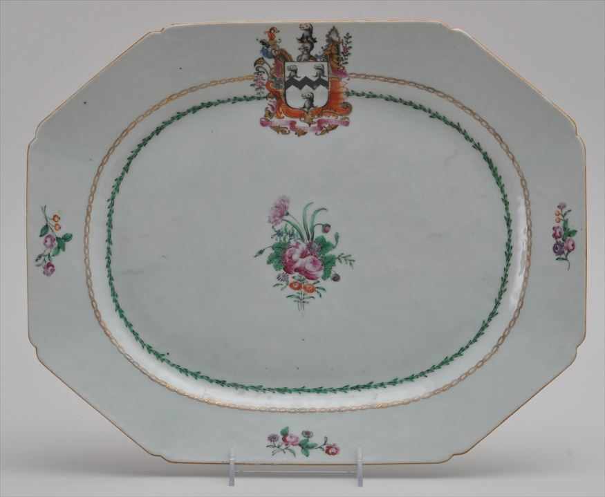 Appraisal: CHINESE EXPORT PORCELAIN FAMILLE ROSE ARMORIAL PLATTER Of chamfered rectangular