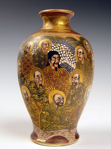 Appraisal: JAPANESE SATSUMA VASE Scholars and saints intertwined with enamel decorated