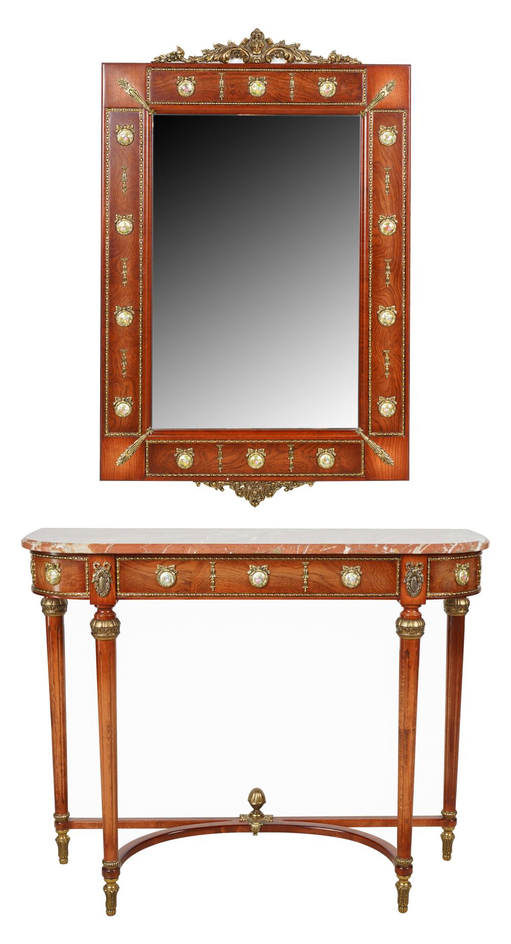 Appraisal: MARBLE-TOP CONSOLE WALL MIRRORwith gilt metal and porcelain mounts the