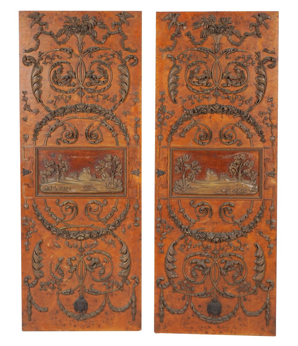 Appraisal: PAIR OF GEORGIAN-STYLE GESSO BURLWOOD PANELSeach with central relief-carved panel