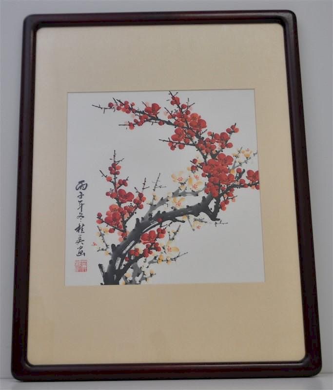 Appraisal: ORIGINAL CHINESE RED PLUM BLOSSOMS WATERCOLOR Original Red Plum Blossoms