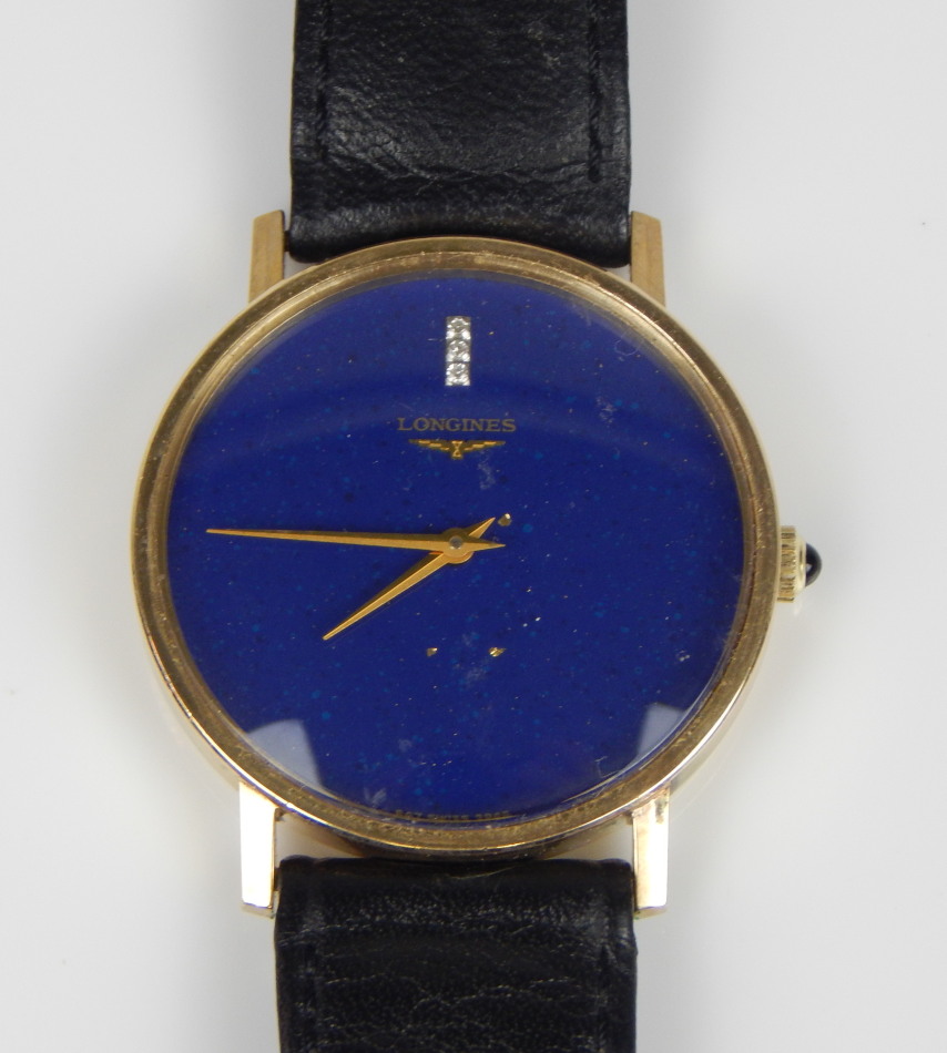 Appraisal: A Longines ct gold wristwatch with blue dial on leather