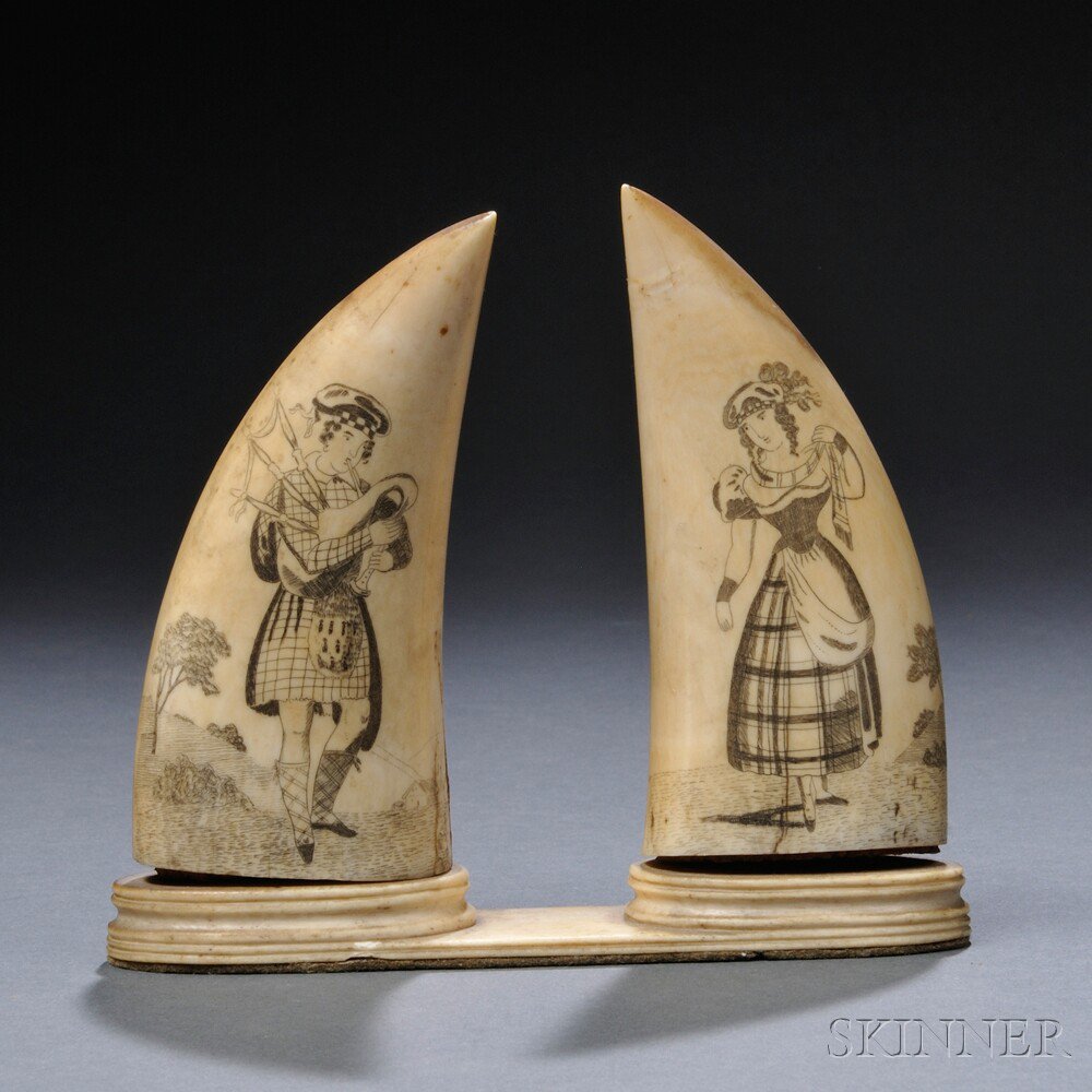 Appraisal: Pair of Scrimshaw Whale's Teeth mid- th century with engraved