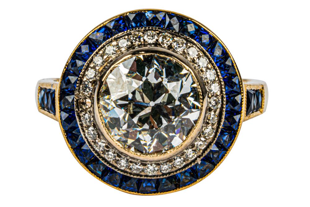 Appraisal: KARAT YELLOW WHITE GOLD DIAMOND SYNTHETIC SAPPHIRE DECO STYLE RINGcentering