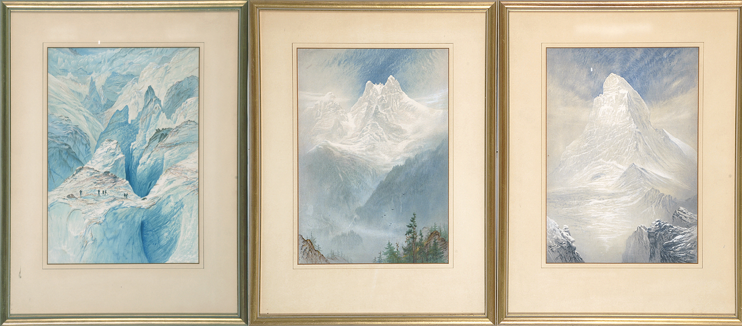 Appraisal: SET OF THREE FRAMED WATERCOLORS depicting alpine landscapes Unsigned Mat