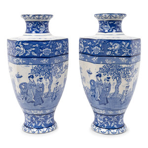 Appraisal: A Pair of English Blue and White Transfer-Printed Earthenware Hexagonal