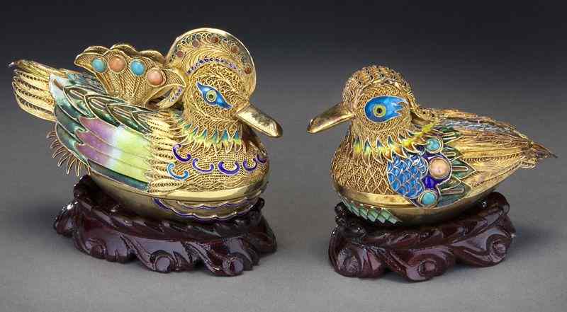 Appraisal: Pr Chinese enamel over silver duck boxes each marked ''S