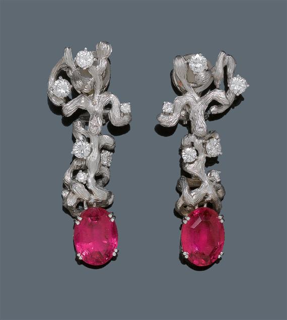 Appraisal: RUBELLITE AND DIAMOND EAR PENDANTS P BINDER White gold Attractive