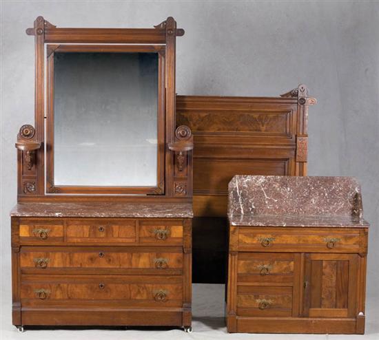 Appraisal: THREE PIECE BEDROOM SET Walnut marble top dresser with mirror