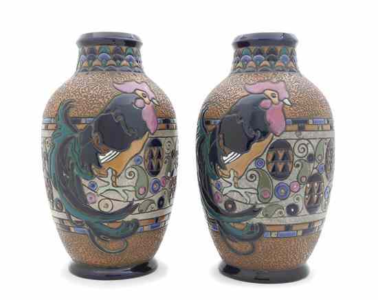 Appraisal: Two Austrian Polychrome Secessionist Vases each of bulbous form and