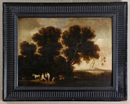 Appraisal: CONTINENTAL SCHOOL LANDSCAPE WITH FIGURES AND ANIMALS Oil on panel