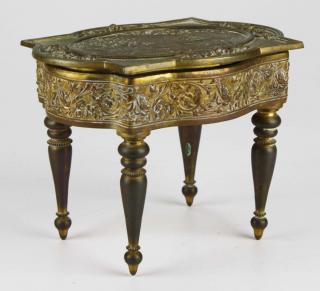 Appraisal: French gilt brass table form dresser jar engraved scenic panel