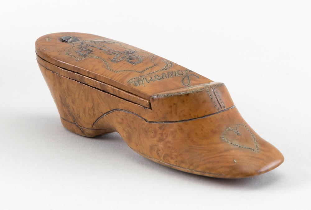 Appraisal: ENGLISH SHOE-FORM TREEN AND PIQUE WORK SNUFF BOX TH CENTURY