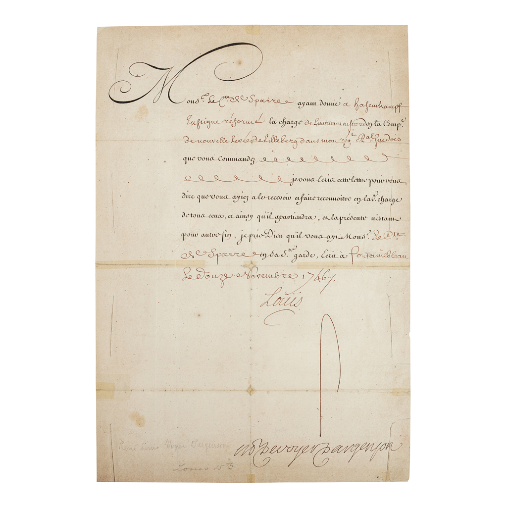 Appraisal: Louis XV of France Military recommendation signed by King Louis