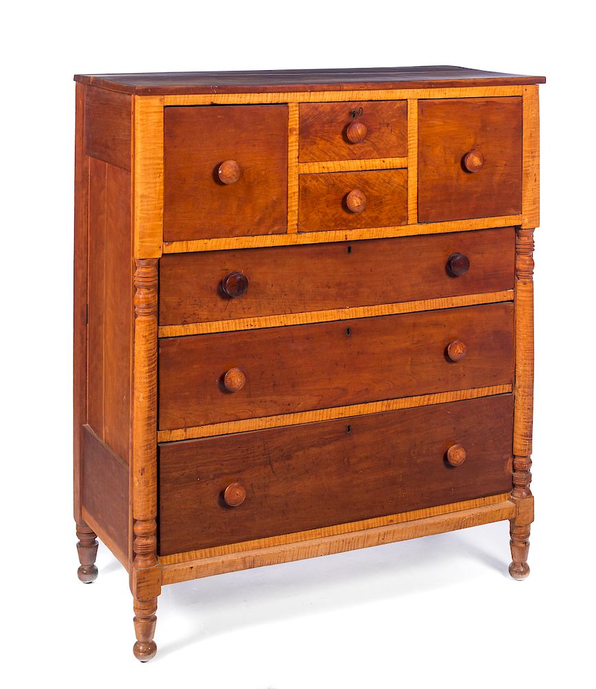 Appraisal: s Tiger Maple and Cherry Bonnet Chest Excellent condition with