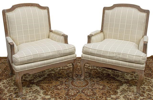 Appraisal: pair Louis XV style armchairs th c whitewashed pine frames