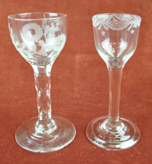 Appraisal: A Georgian cordial glass with floral-cut and etched ovoid bowl