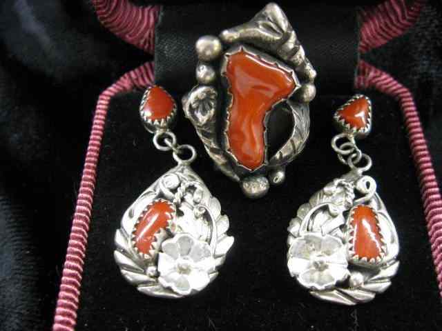 Appraisal: Indian Coral Sterling Ring Earrings Majaho pierced dangle earrings both