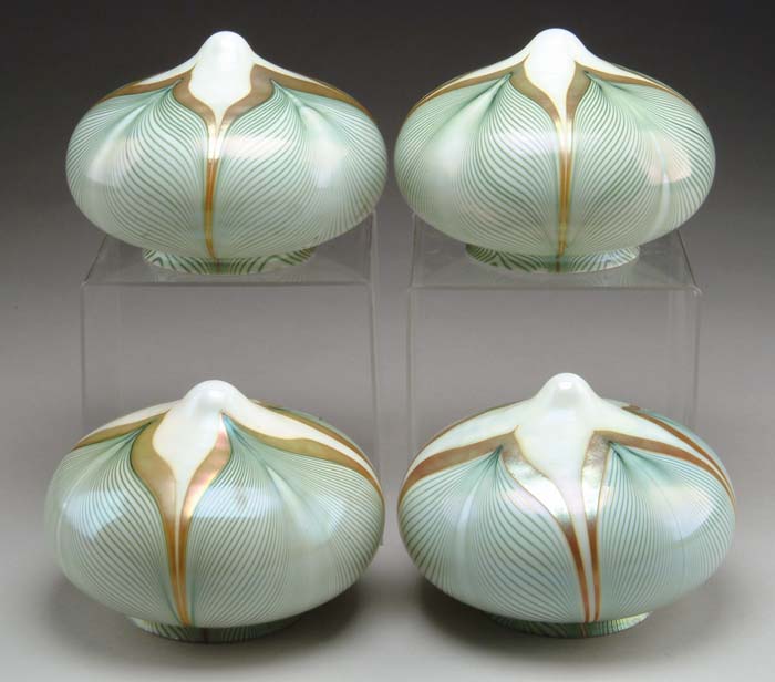 Appraisal: FOUR PULLED FEATHER SHADES Unusual shaped art glass shades have