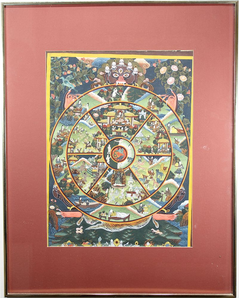 Appraisal: Antique Framed Tibetan Thangka Antique Framed Tibetan Thangka Depicting multiple