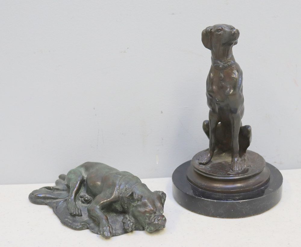 Appraisal: Antoine-Louis Barye - Signed Bronze Dogs To include a laying