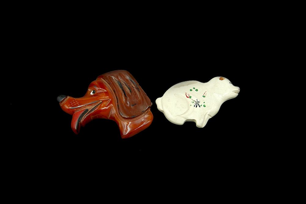 Appraisal: Wood And Bakelite Pins Dog Bakelite Painted Wood Wood And