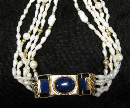 Appraisal: Biwa pearl necklace with karat yellow gold and lapis claspFive