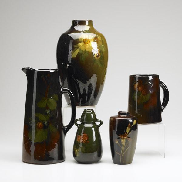 Appraisal: WELLER Five Louwelsa vases Some flaking of overglaze to tallest