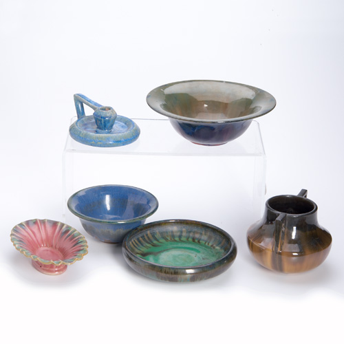 Appraisal: FULPER Six assorted pieces including a two-handled vase repaired bowls