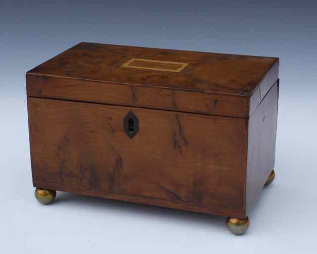 Appraisal: A TH CENTURY BURR WALNUT TEA CADDY with marquetry inlaid