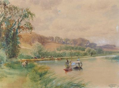 Appraisal: Henry Charles Fox - Boats on a river with cattle