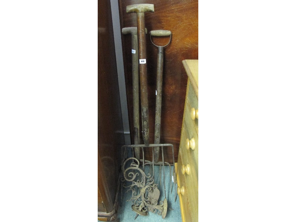 Appraisal: Lot of assorted garden tools and pitching forks and a