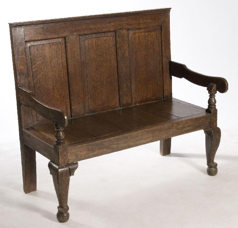 Appraisal: SMALL GEORGE III OAK THREE-PANELLED SETTLE with downswept arms flanking