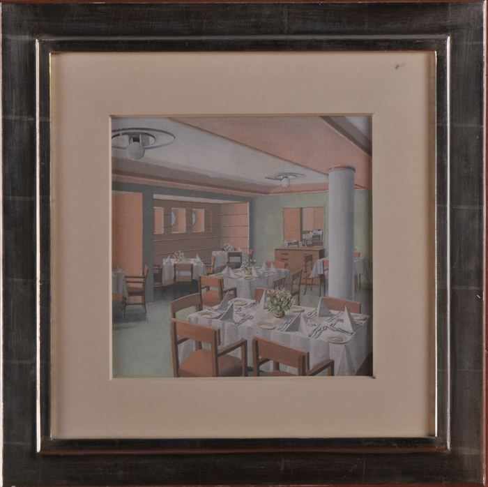 Appraisal: FRENCH SCHOOL RESTAURANT INTERIOR Oil on paper x in sight