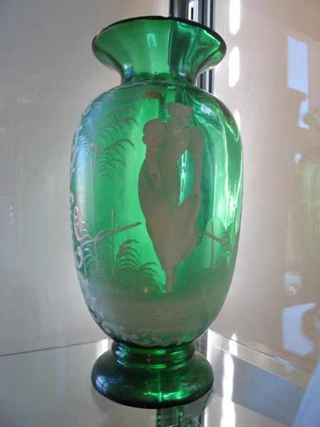 Appraisal: MARY GREGORY GREEN GLASS ENAMELLED VASE CHIPS