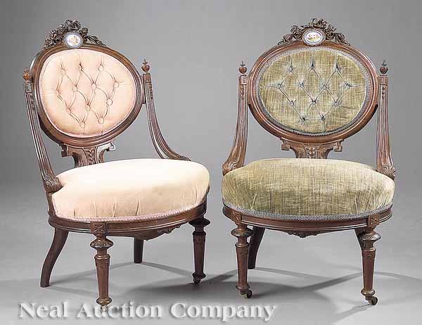 Appraisal: A Pair of American Renaissance Carved Rosewood and Porcelain-Mounted Parlor