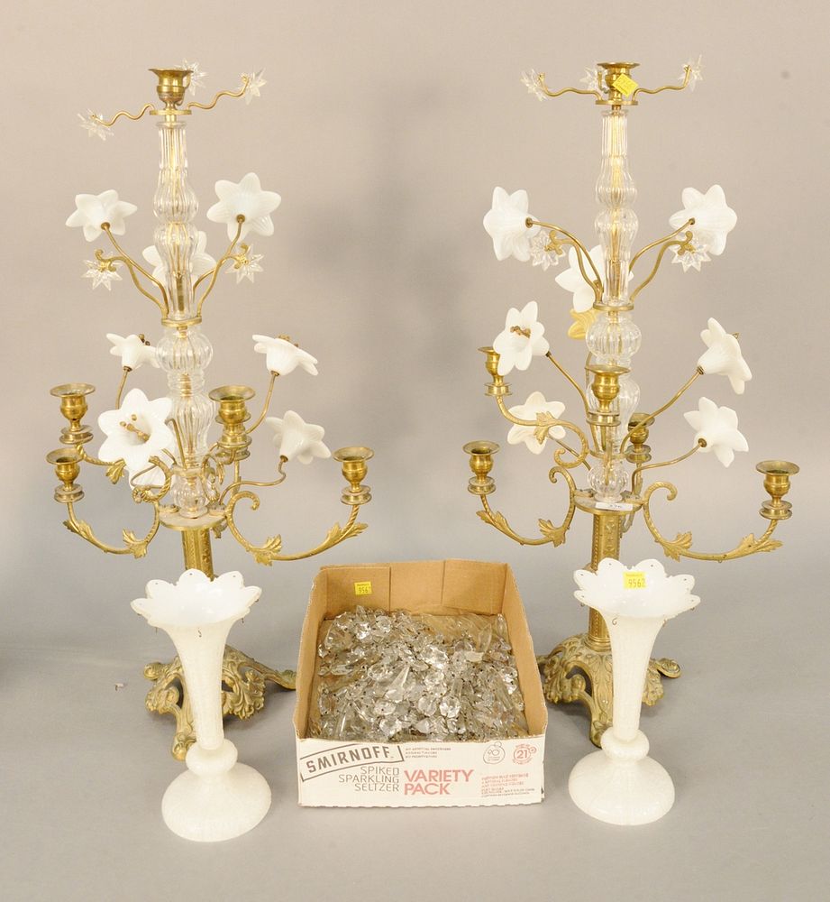 Appraisal: Pair of Victorian brass floral candelabra with white glass flowers