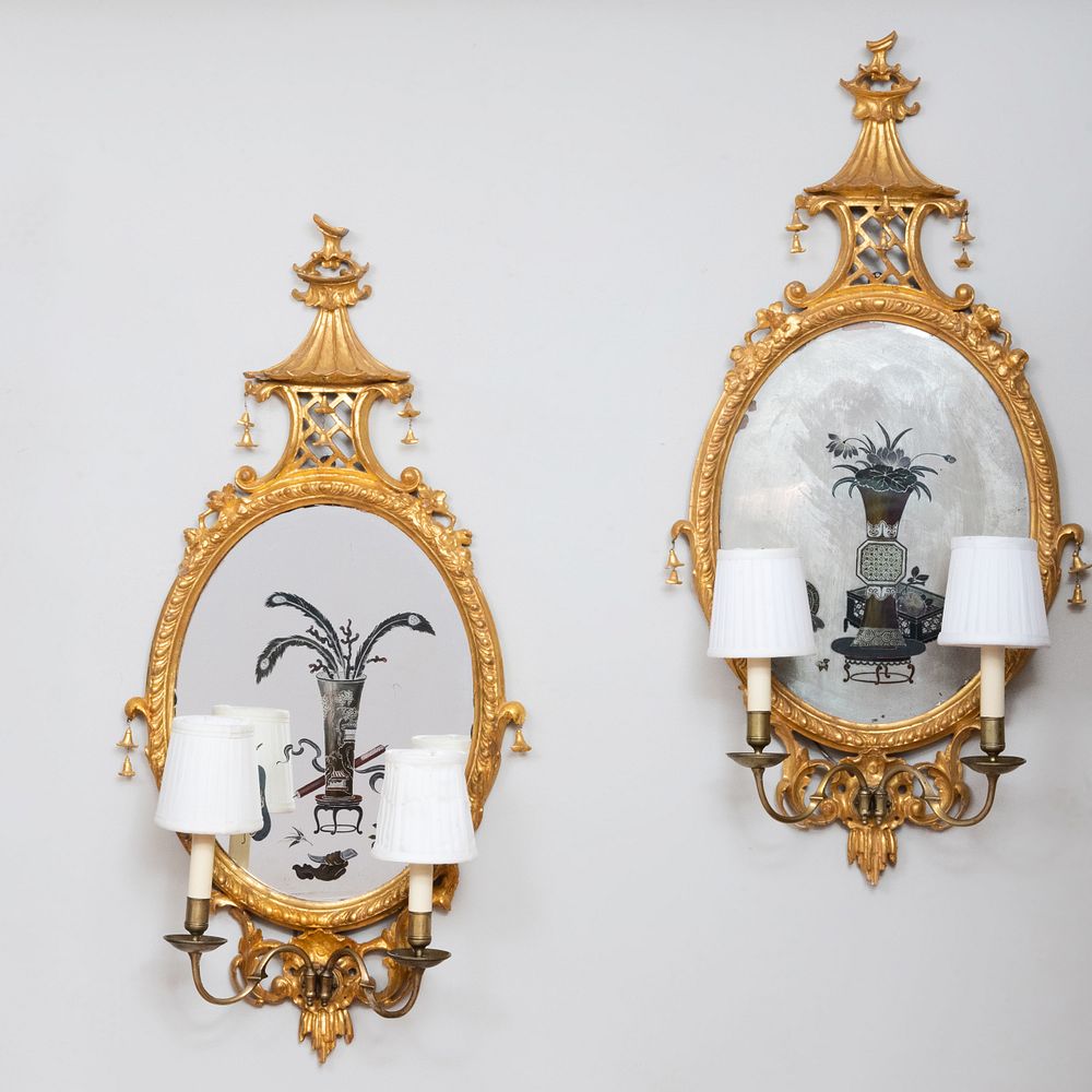 Appraisal: Pair of English Chinoiserie Brass-Mounted Giltwood and Reverse Painted Mirror