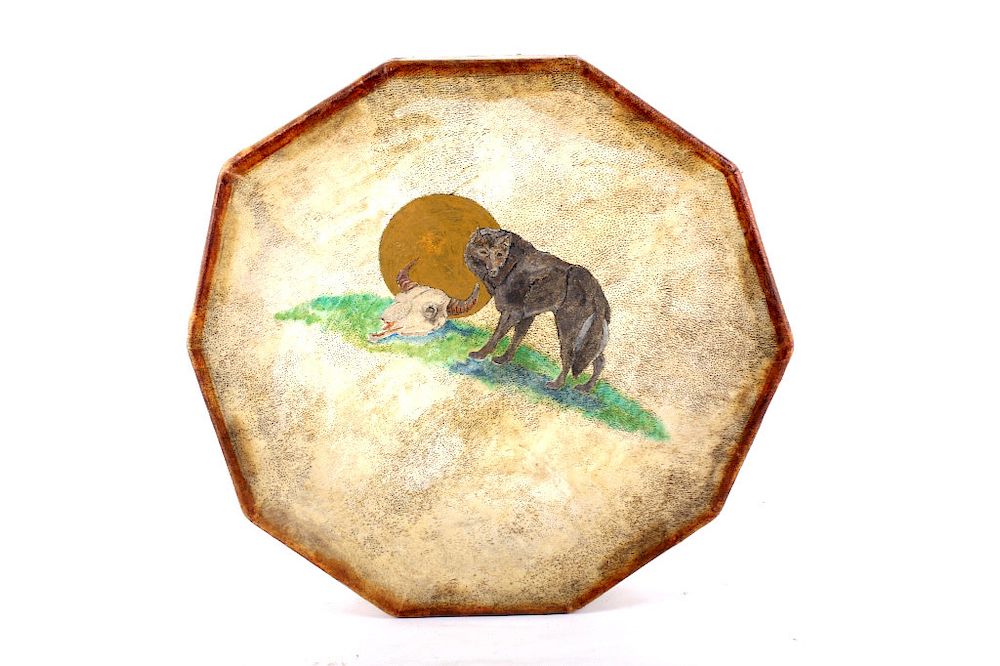 Appraisal: Plains Indians Wolf Painted Buffalo Hide Drum Included in this